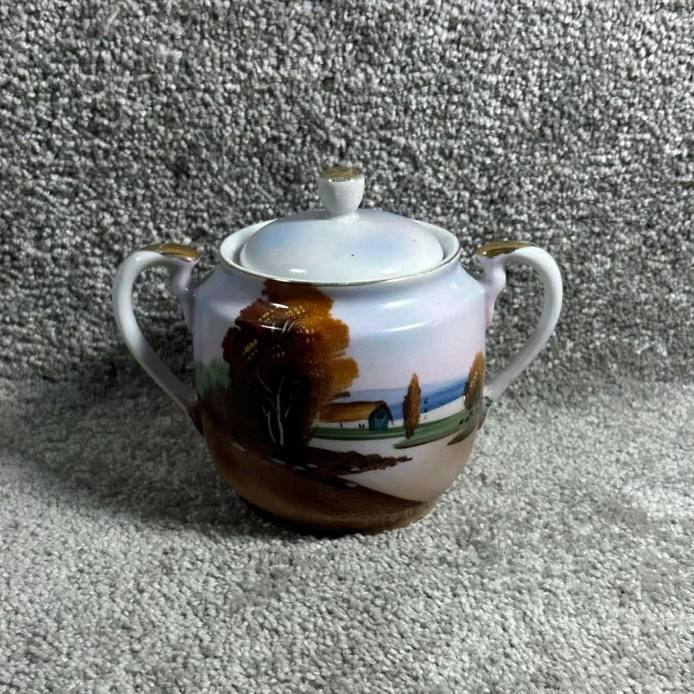 Chikaramachi Sugar‎ Bowl Hand Painted Landscape Vintage Japan Lidded